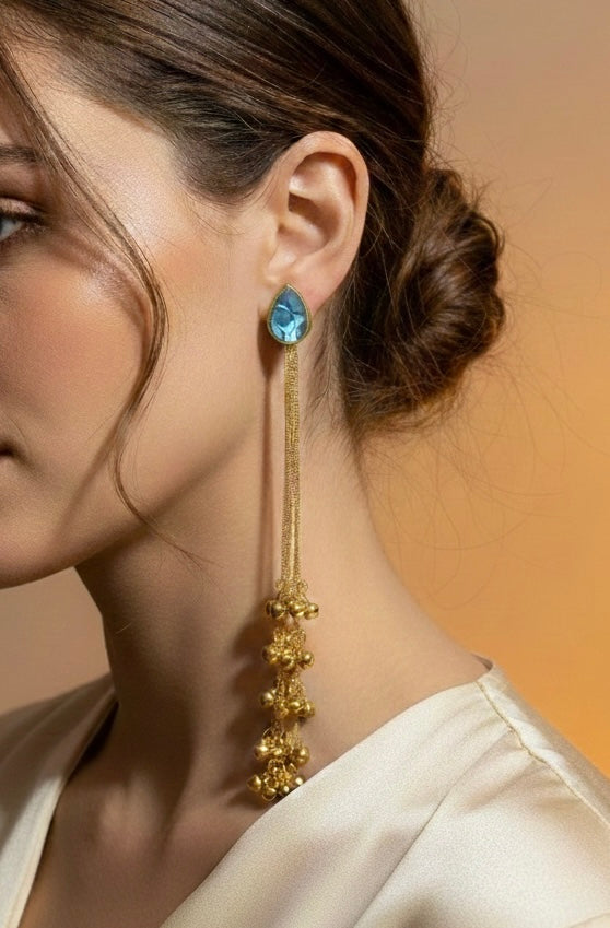 Regal Stone & Long Gold Chain Dangler Earrings | Kashmiri Jhumka