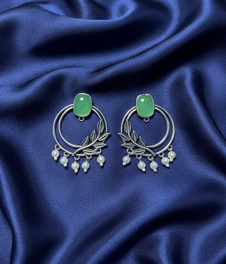 Stone & Pearl Leaf Hoop Earrings