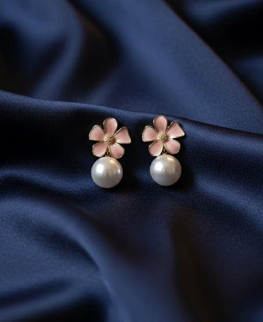 Blush Enamel Flower & Faux Pearl Drop Earrings