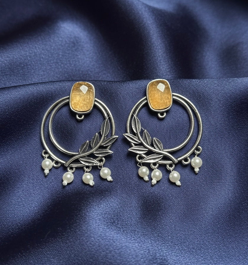 Stone & Pearl Leaf Hoop Earrings