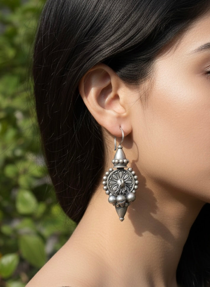 Artisan Tribal Earring Trio | Oxidized Silver Heritage Set with Emerald Accents