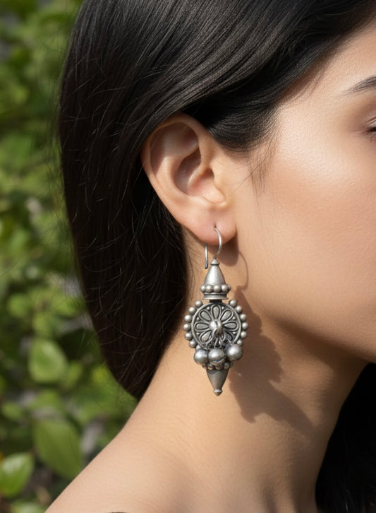 Artisan Tribal Earring Trio | Oxidized Silver Heritage Set with Emerald Accents