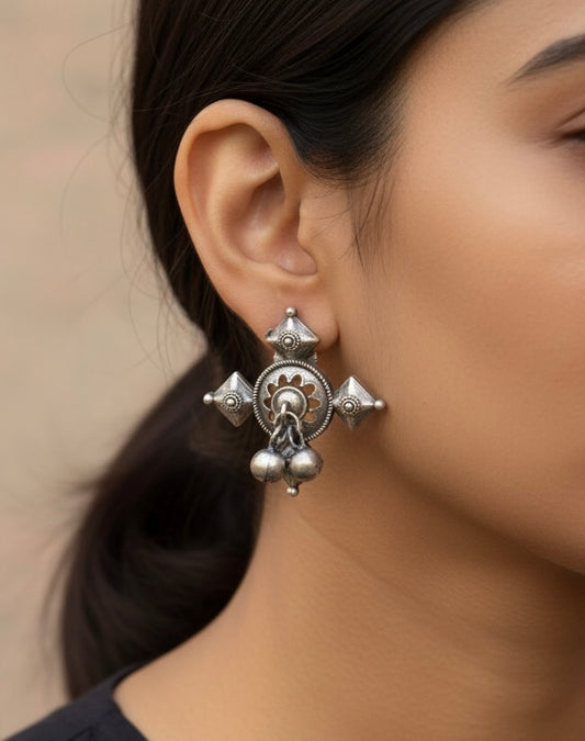 Oxidized Silver Statement Earrings with Dangling Ghungroos
