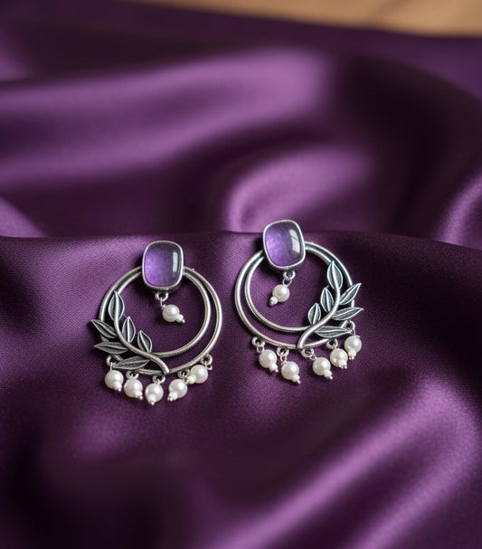 Stone & Pearl Leaf Hoop Earrings