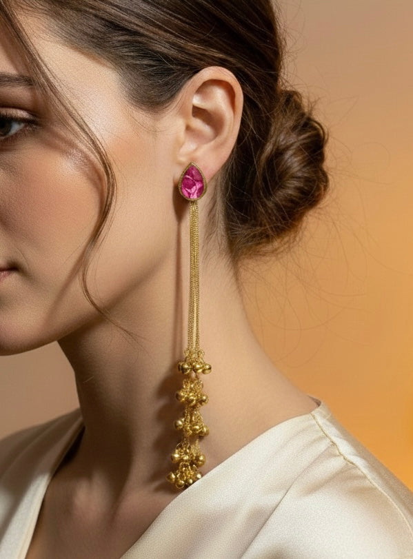 Regal Stone & Long Gold Chain Dangler Earrings | Kashmiri Jhumka