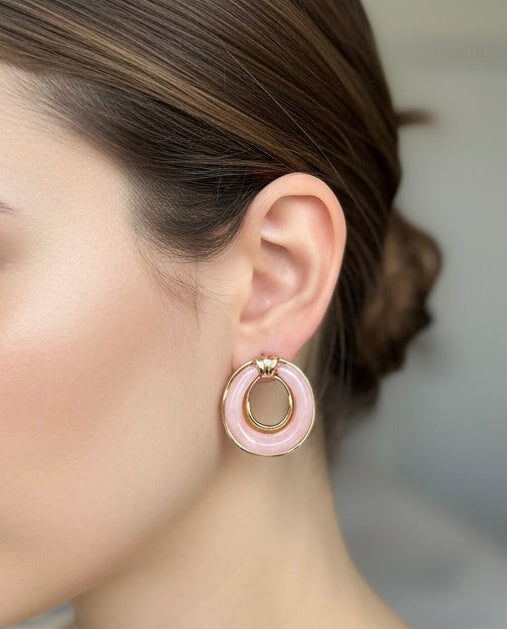 Blush Pink Enamel Donut Stud Earrings | Gold Geometric Circle Jewelry