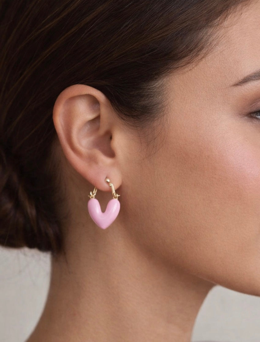 Petal Pink Puffed Heart Huggie Hoops