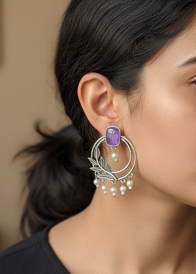 Stone & Pearl Leaf Hoop Earrings