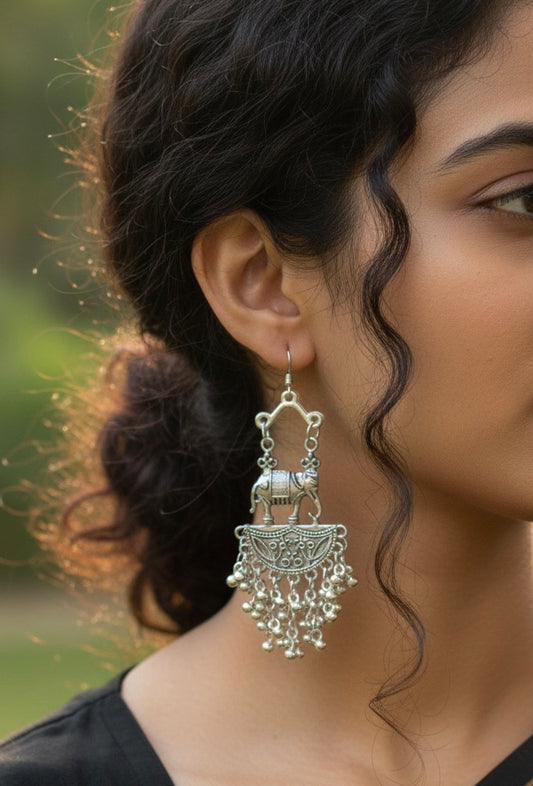Oxidised Elephant Design Dangle Earrings