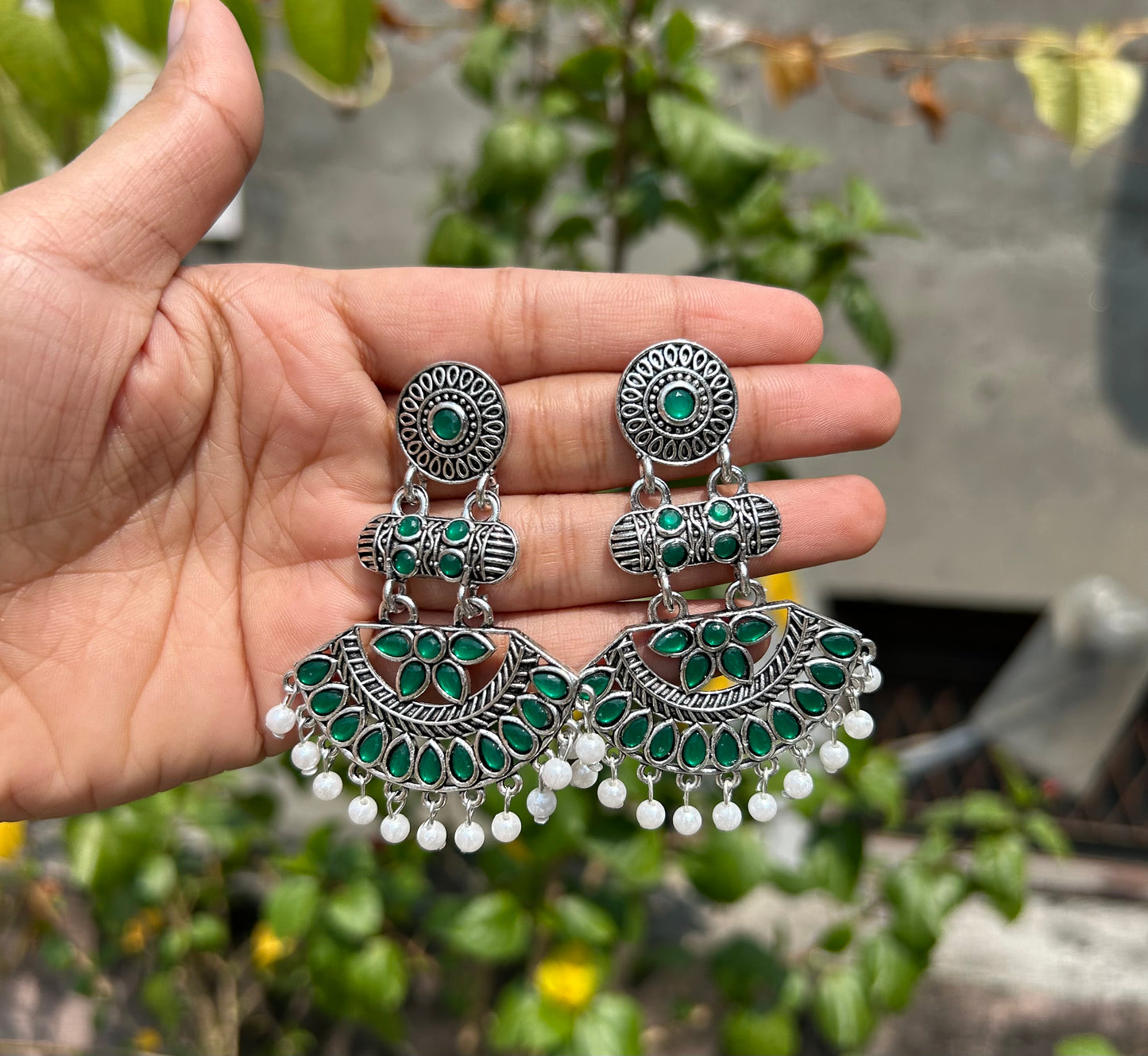 Antique Silver Oxidized Chandbali Earrings with Pearl Drops