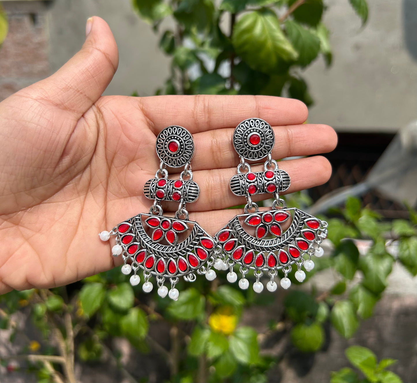 Antique Silver Oxidized Chandbali Earrings with Pearl Drops