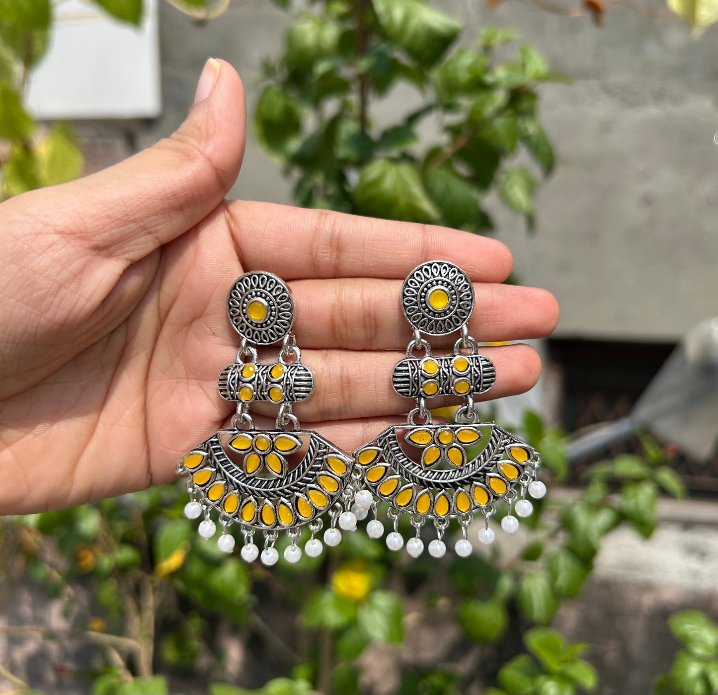 Antique Silver Oxidized Chandbali Earrings with Pearl Drops
