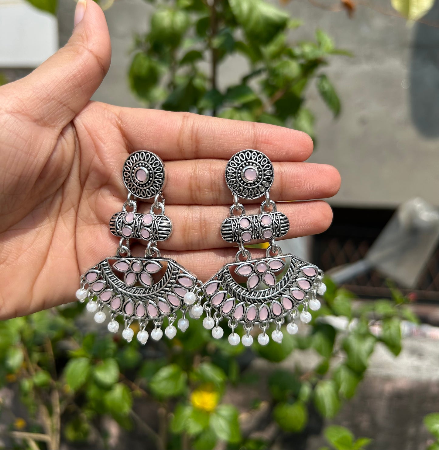 Antique Silver Oxidized Chandbali Earrings with Pearl Drops
