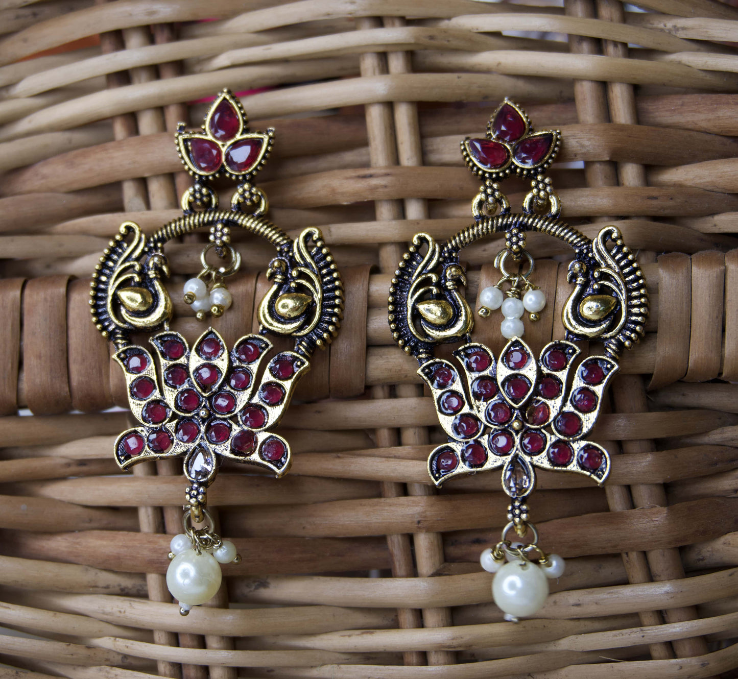 Antique Temple Earrings with Ruby & Green Stones