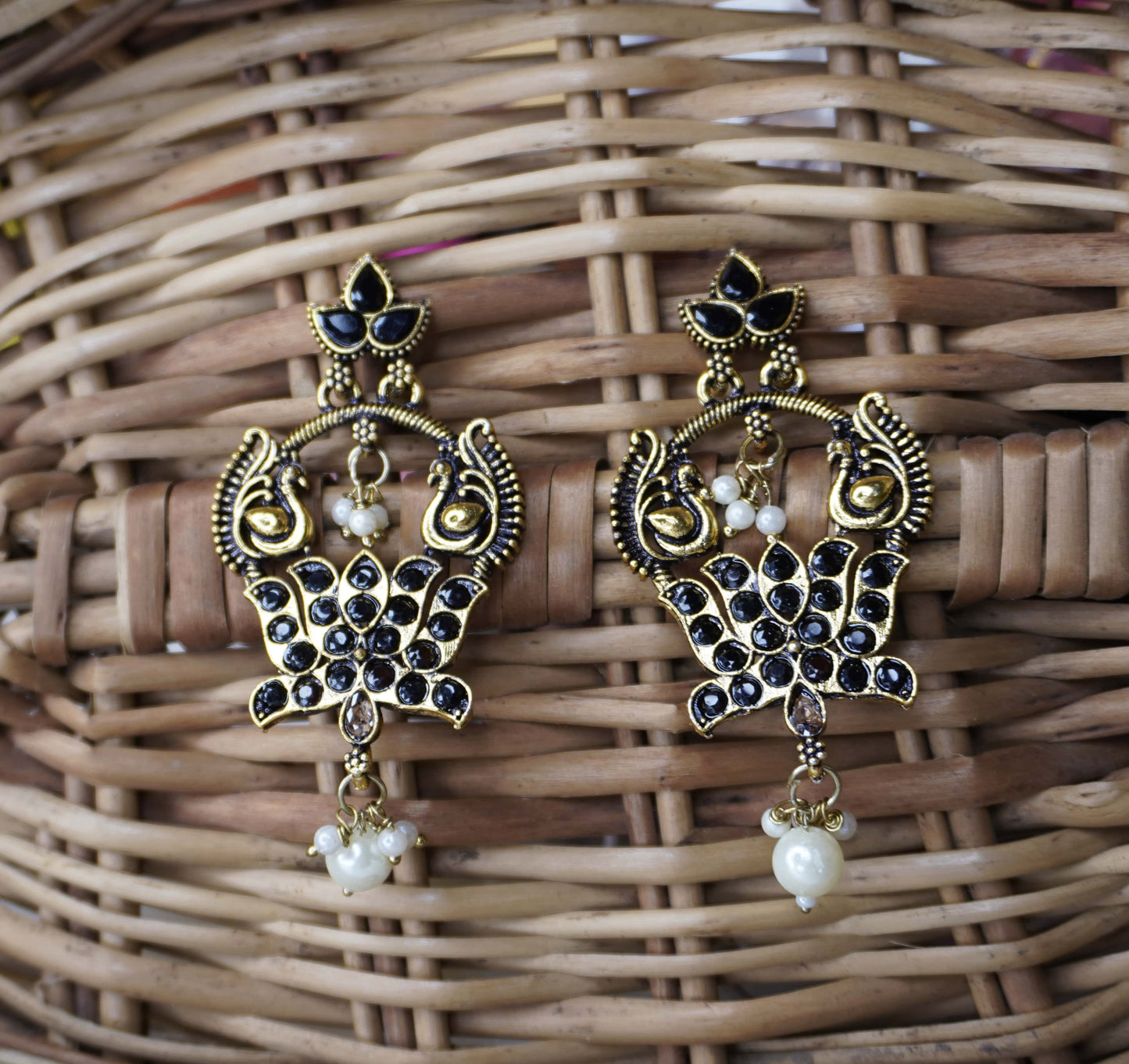 Antique Temple Earrings with Ruby & Green Stones