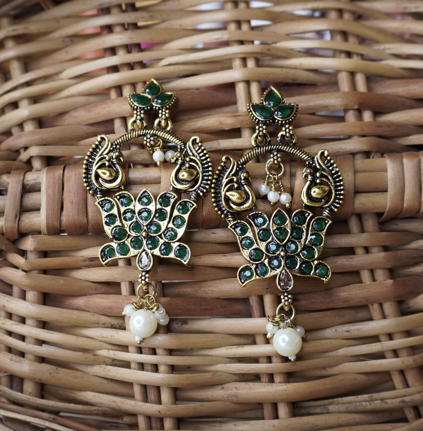 Antique Temple Earrings with Ruby & Green Stones