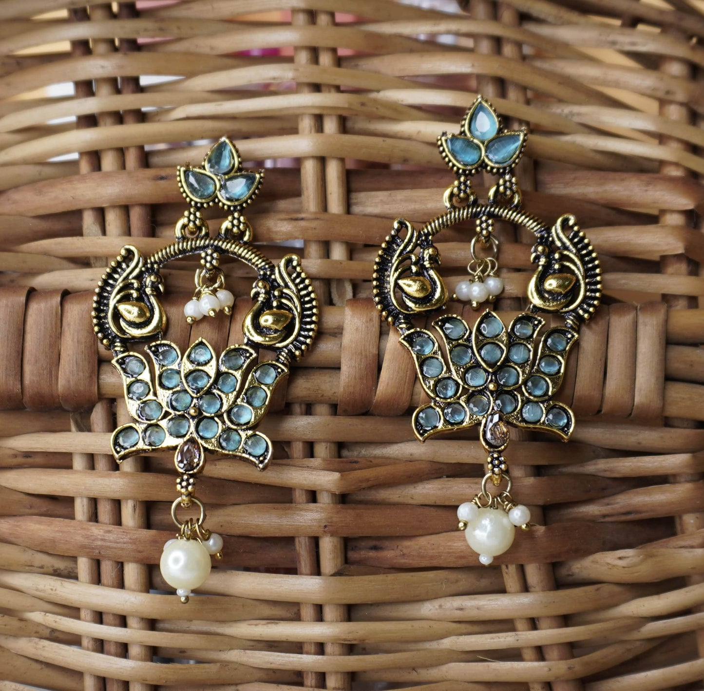 Antique Temple Earrings with Ruby & Green Stones