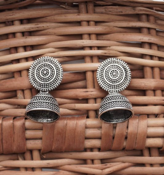 Traditional Oxidized Silver Jhumka Earrings with Concentric Circle Design