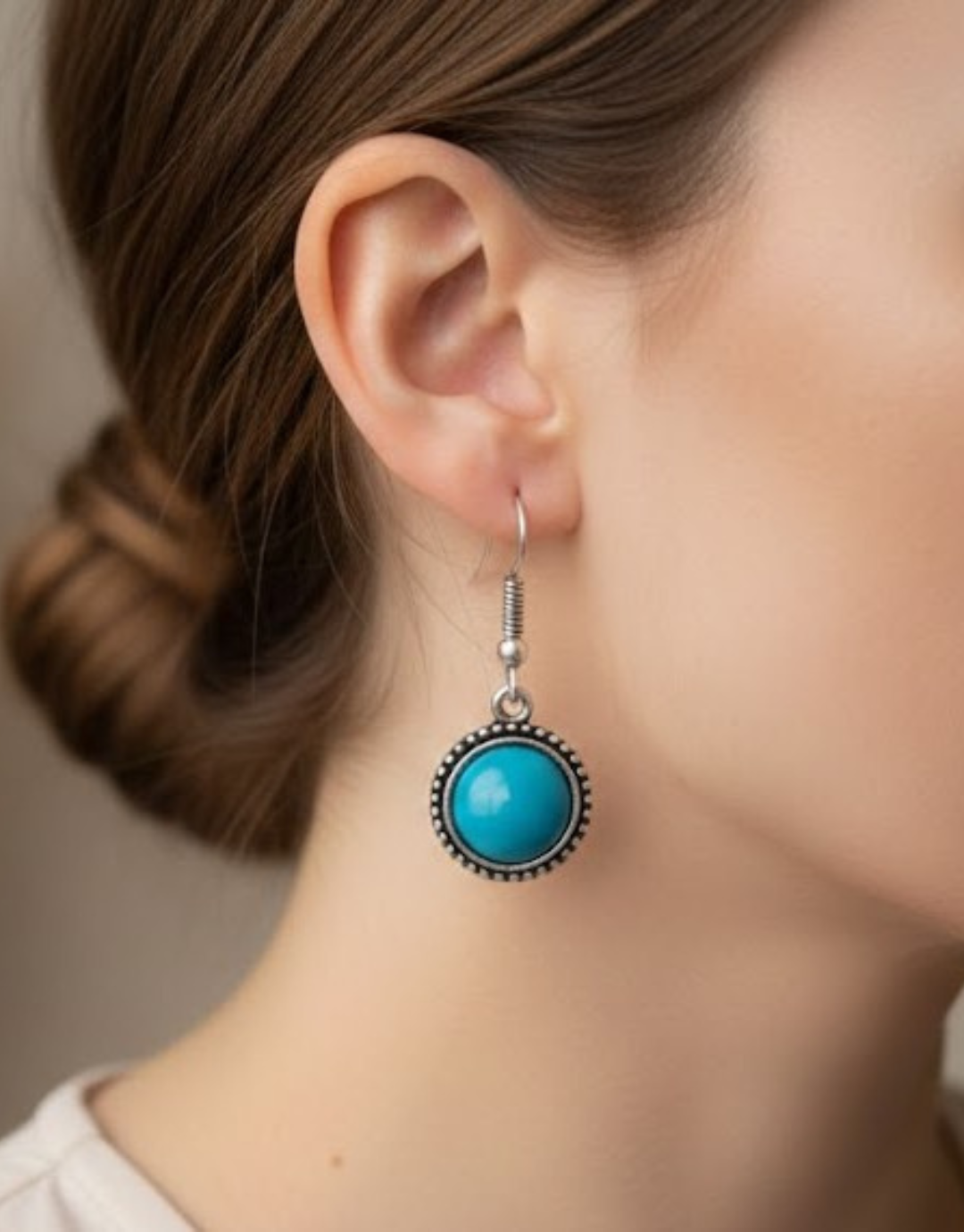 Small Blue Round Cabochon Earrings with Vintage Silver Border