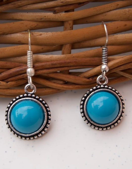 Small Blue Round Cabochon Earrings with Vintage Silver Border