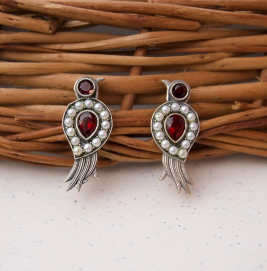 Oxidized Silver Bird Earrings - Red Garnet-Style Stone and Pearl Jewelry