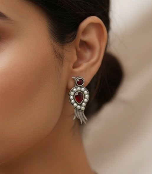 Oxidized Silver Bird Earrings - Red Garnet-Style Stone and Pearl Jewelry
