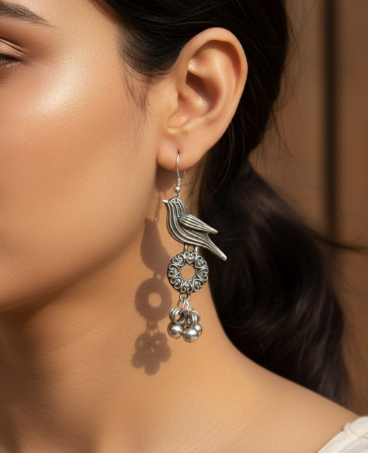Antique Silver Bird Jhumka – Graceful Boho Charm