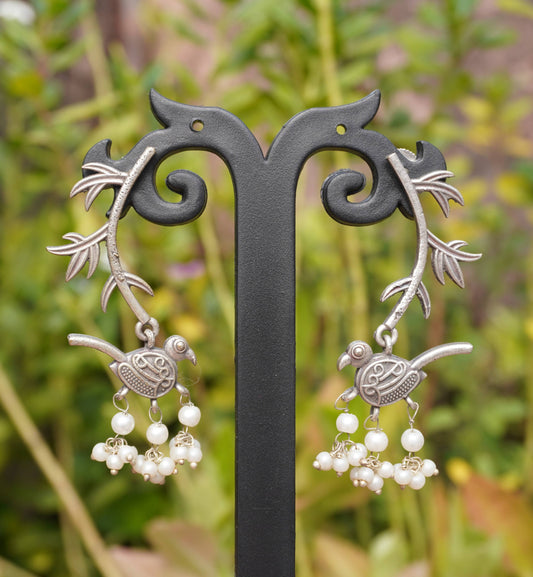 Oxidized Silver Bird Jhumka Earrings with Pearl Drops