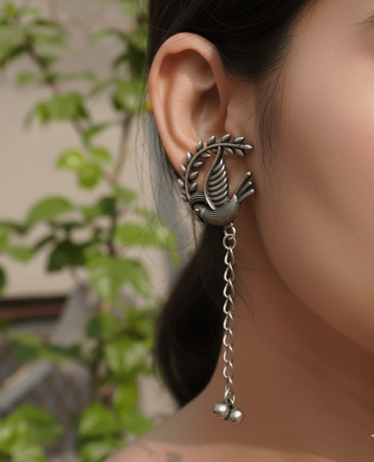Silver Bird & Branch Stud with Long Dangling Chain