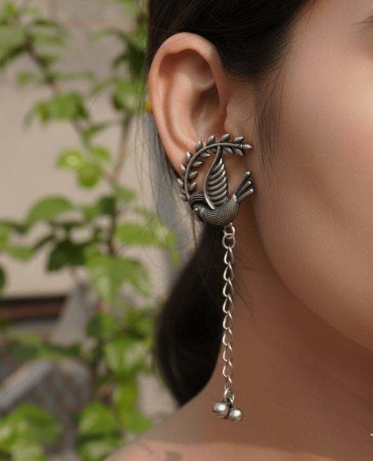 Silver Bird & Branch Stud with Long Dangling Chain