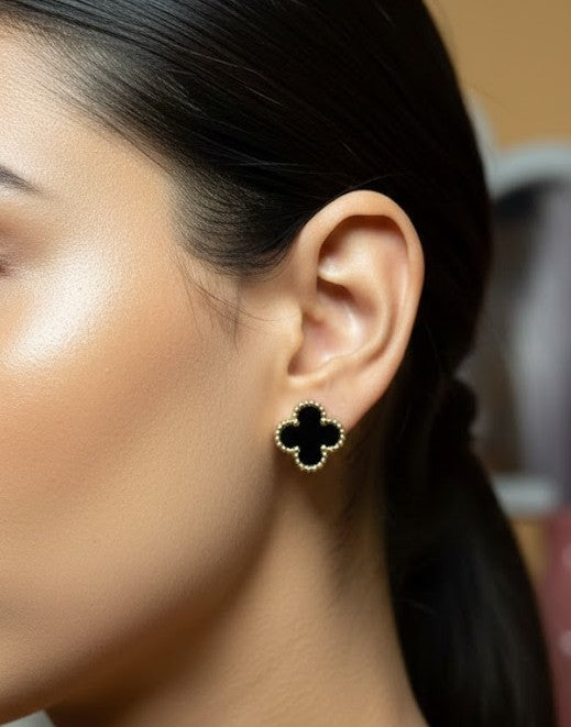 Elegant Onyx-Style Four-Leaf Clover Stud Earrings