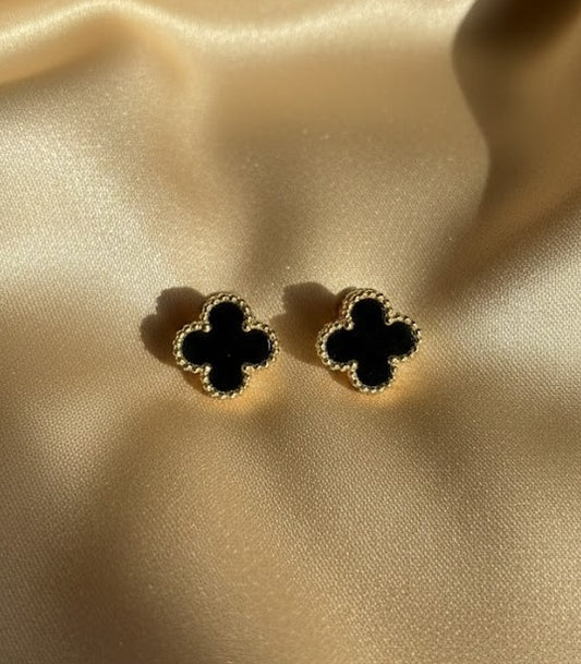 Elegant Onyx-Style Four-Leaf Clover Stud Earrings