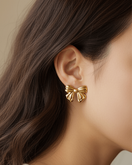 Anti Tarnish Golden Gift Bow Earrings