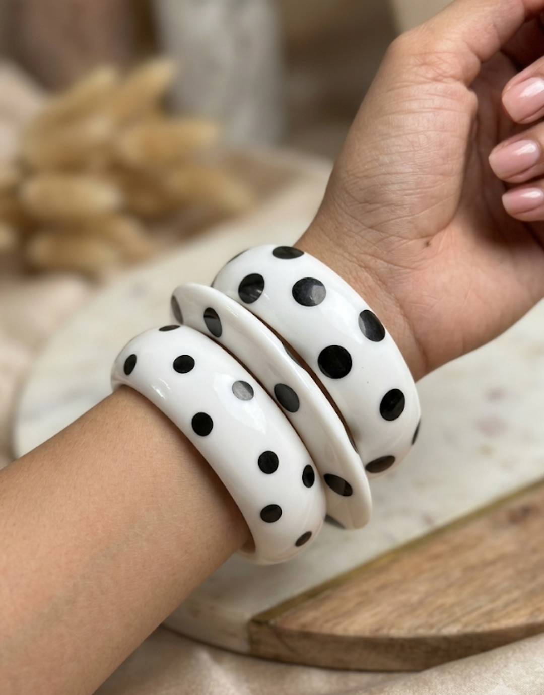 Black & White Polka Dot Resin Bangle Set (3-Piece Stack)
