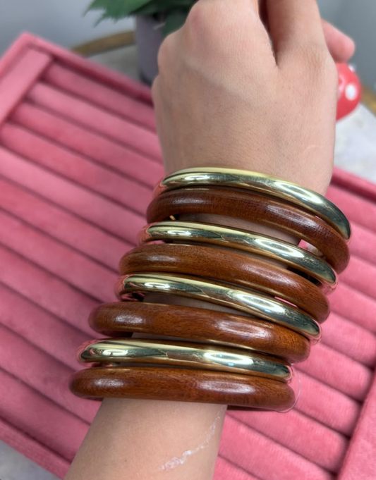 Stacked Wooden & Metallic Golden Bangle Bracelet Set for Women