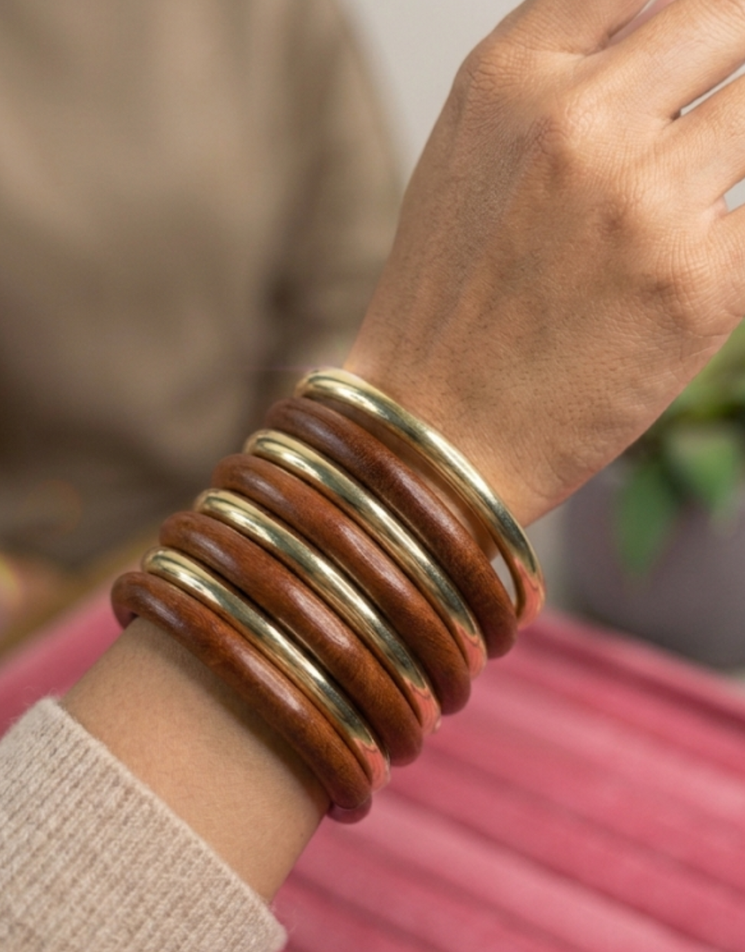 Stacked Wooden & Metallic Golden Bangle Bracelet Set for Women