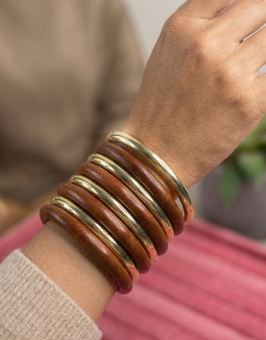Stacked Wooden & Metallic Golden Bangle Bracelet Set for Women