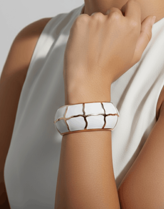 Gold-Trimmed White Enamel Grid Statement Bracelet