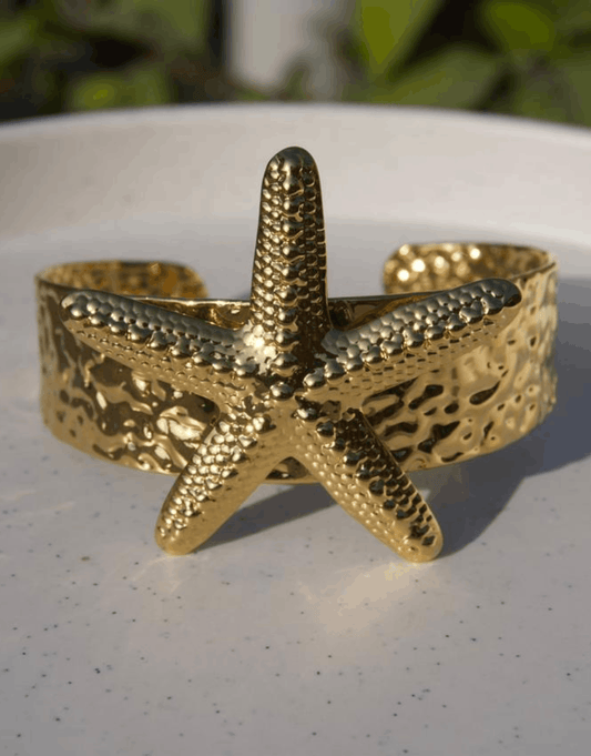 Gold Starfish Statement Cuff – Textured Marine Life Bangle