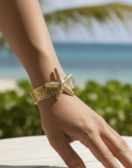 Gold Starfish Statement Cuff – Textured Marine Life Bangle