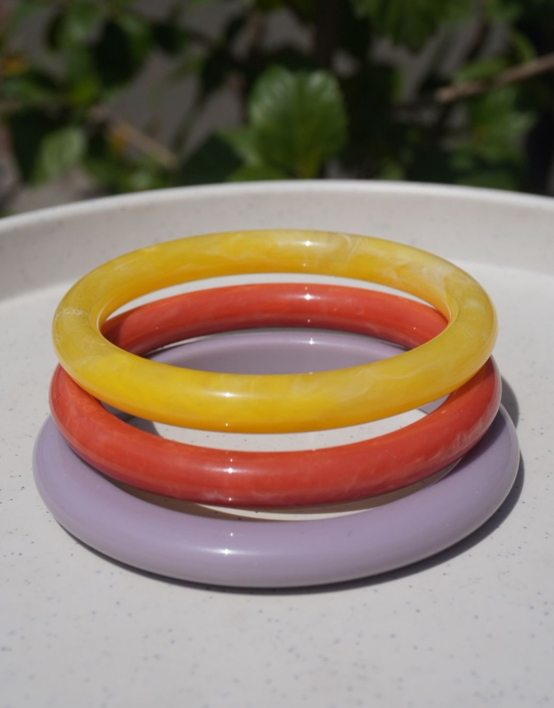 Trio Harmony Marbled Resin Bangle Set – Lavender, Terracotta, & Primrose Yellow
