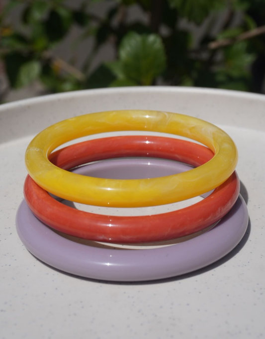 Trio Harmony Marbled Resin Bangle Set – Lavender, Terracotta, & Primrose Yellow