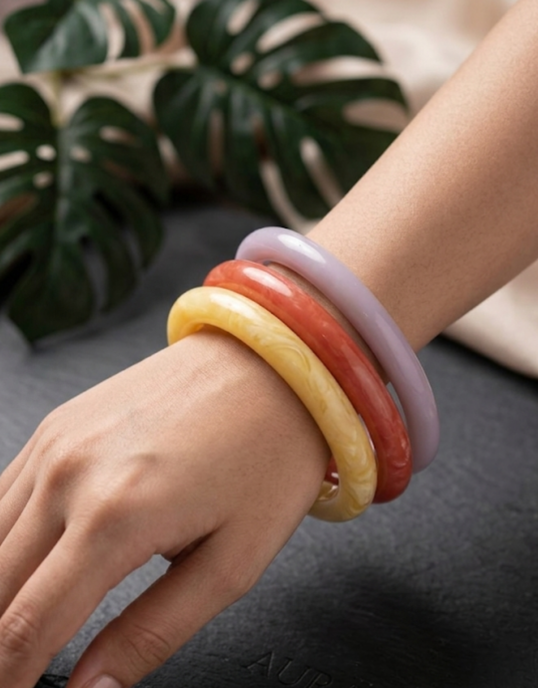 Trio Harmony Marbled Resin Bangle Set – Lavender, Terracotta, & Primrose Yellow