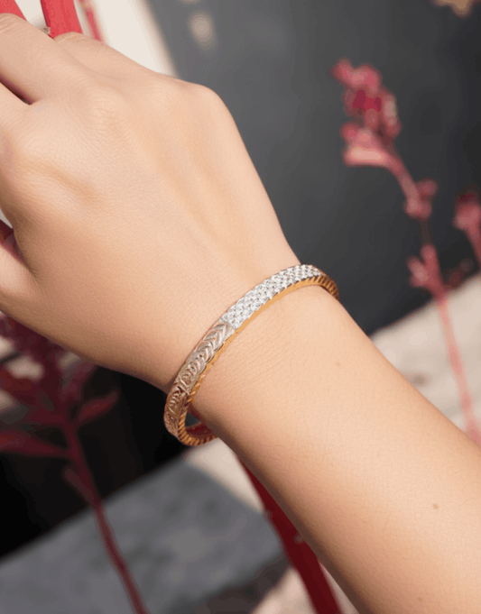 Two-Tone Textured Bangle – Gold & Silver Mixed-Metal Intricate Band