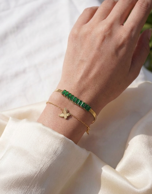Emerald Baguette & Butterfly Layered Bracelet Set