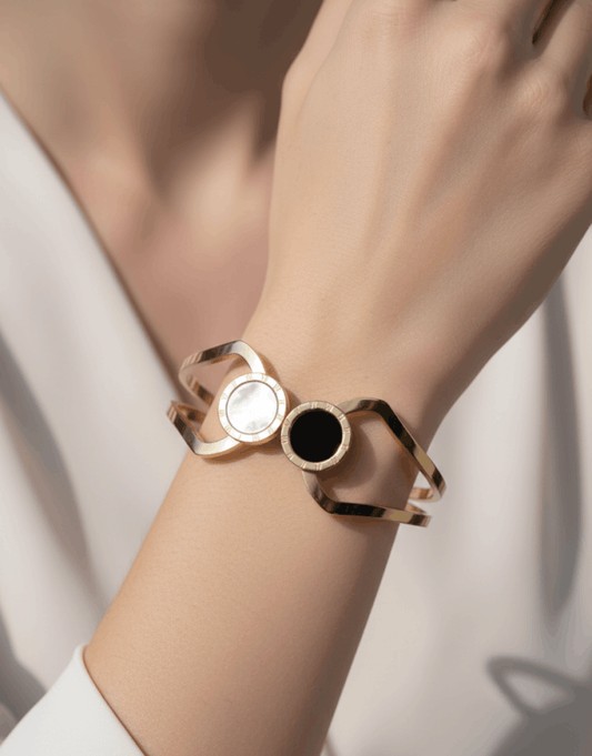 Roman Numeral Bracelet - Black & White Disc Charm Cuff