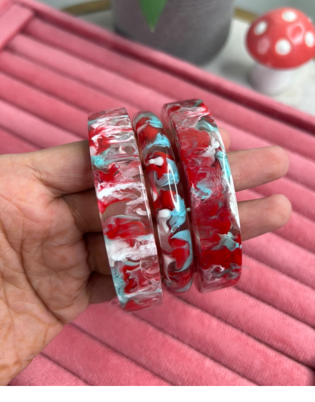 Red & Light Blue Marble Resin Acrylic Bangle Set (Pack of 3)