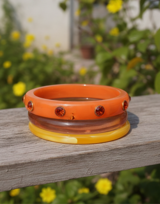 Sunset Amber Resin Bangle Set - Trio of Stackable Bracelets