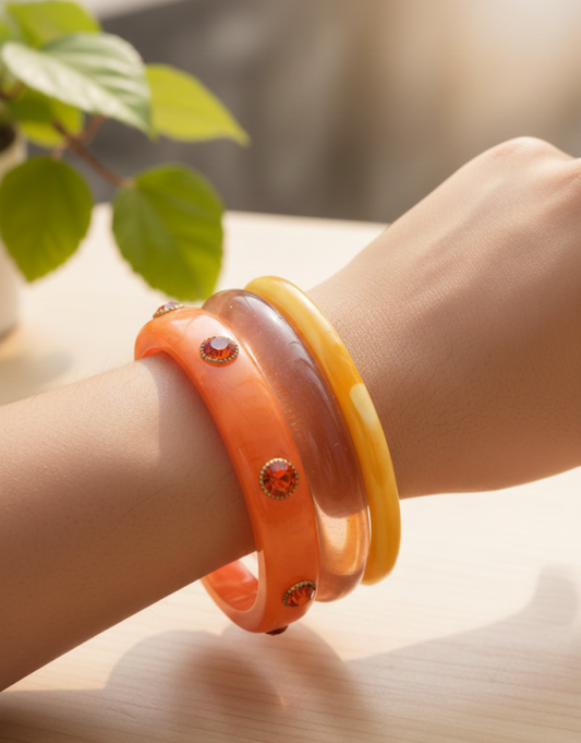 Sunset Amber Resin Bangle Set - Trio of Stackable Bracelets