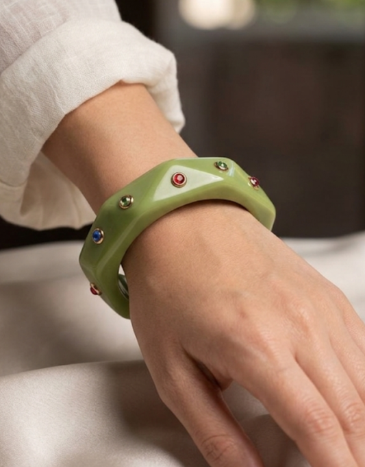 Vintage Sage Hexagon Bangle with Multi-Gemstone Accents
